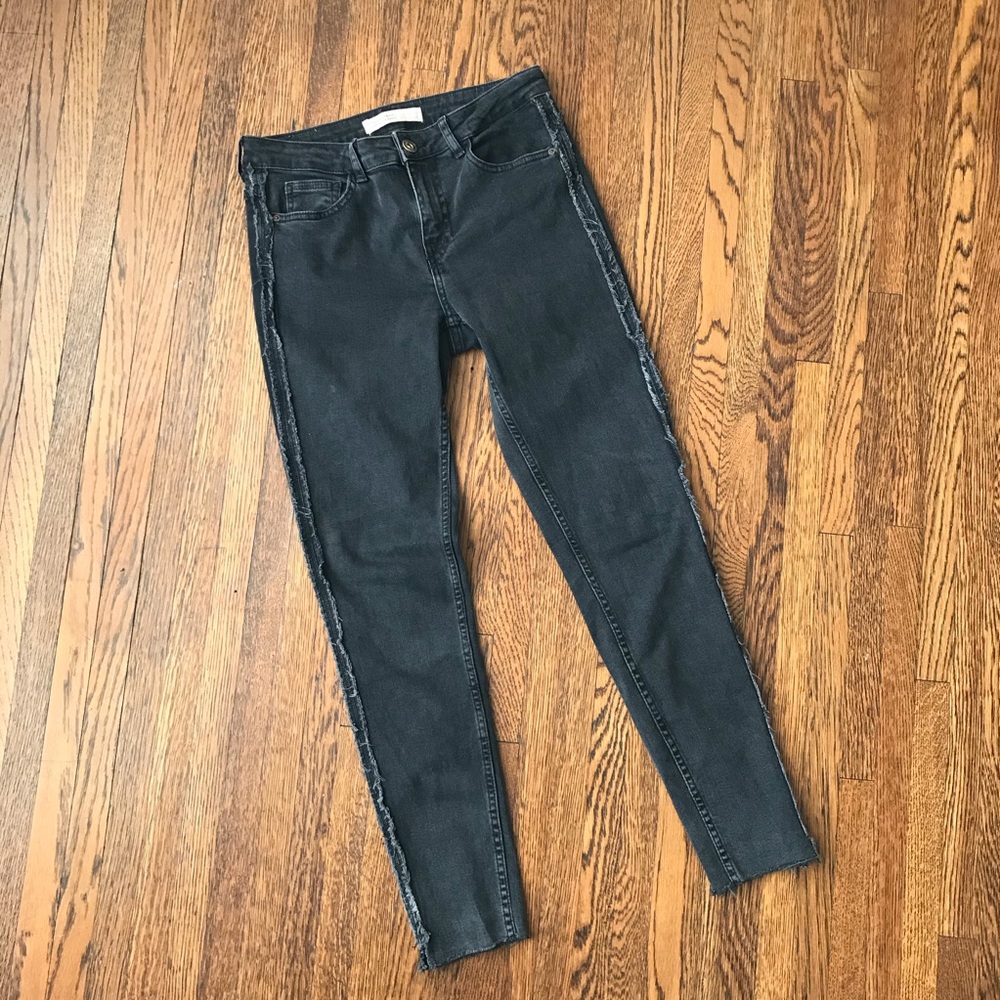 Zara Black Wash Raw Hem Side Frayed Stripe Jeans